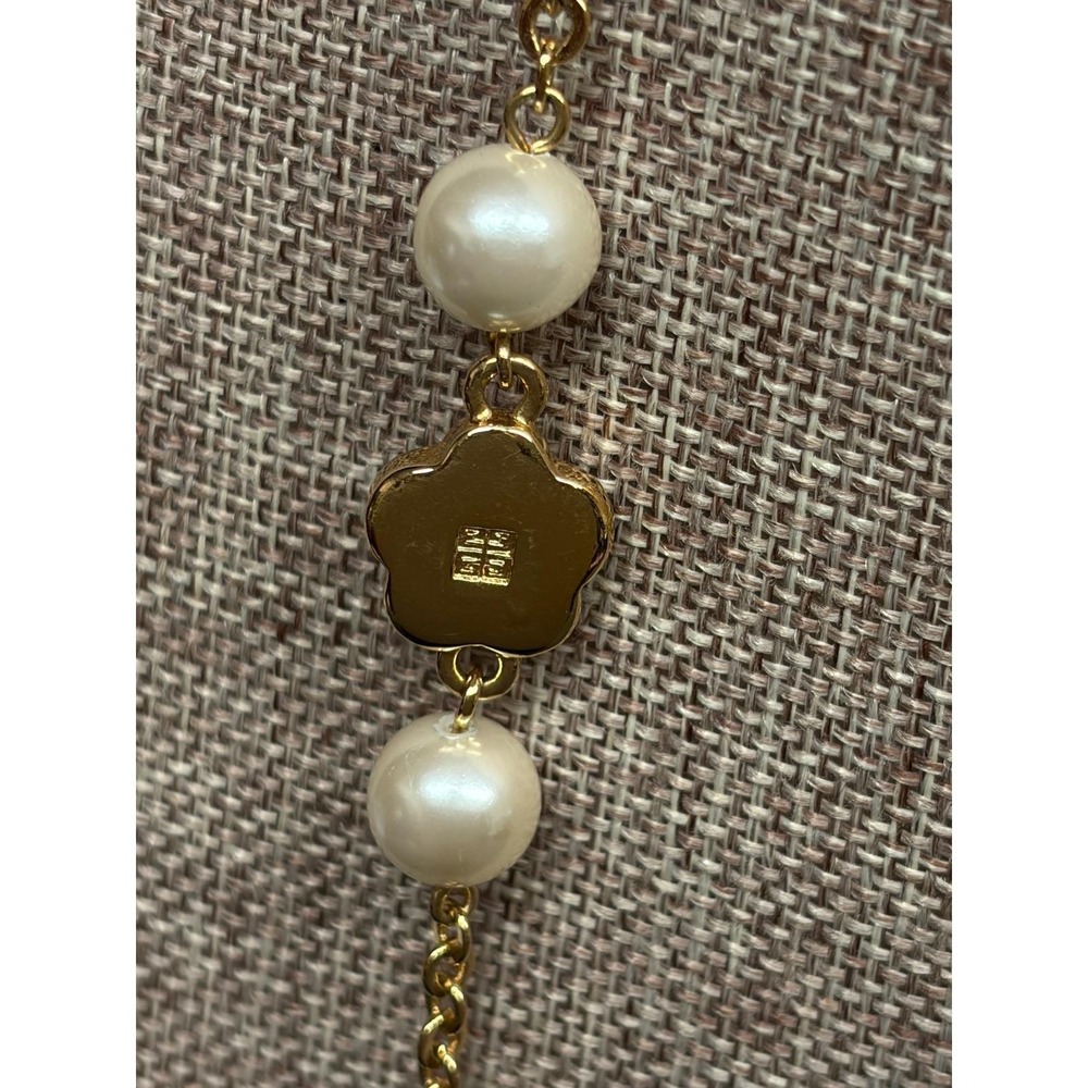 Givenchy Gold Tone Faux Pearl Flower Station Necklace 40 Inch Long Logo Charms - Picture 12 of 13